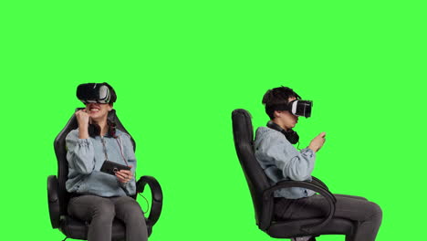 Woman-winning-video-games-online-with-virtual-reality-headset-and-smartphone